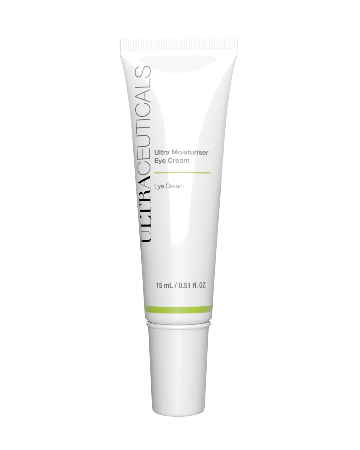A 15 mL (0.51 fl. oz.) tube of Ultra Moisturiser Eye Cream with green accents stands upright against a white background; it is formulated with ceramides for enhanced hydration.