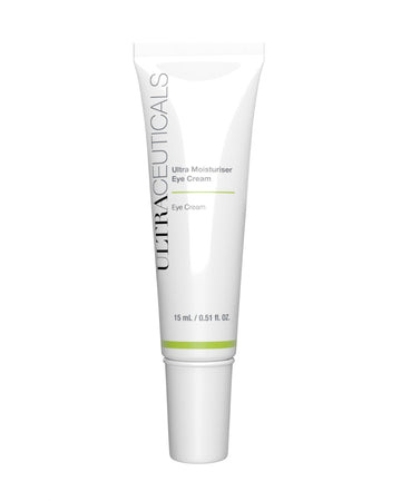 A 15 mL (0.51 fl. oz.) tube of Ultra Moisturiser Eye Cream with green accents stands upright against a white background; it is formulated with ceramides for enhanced hydration.