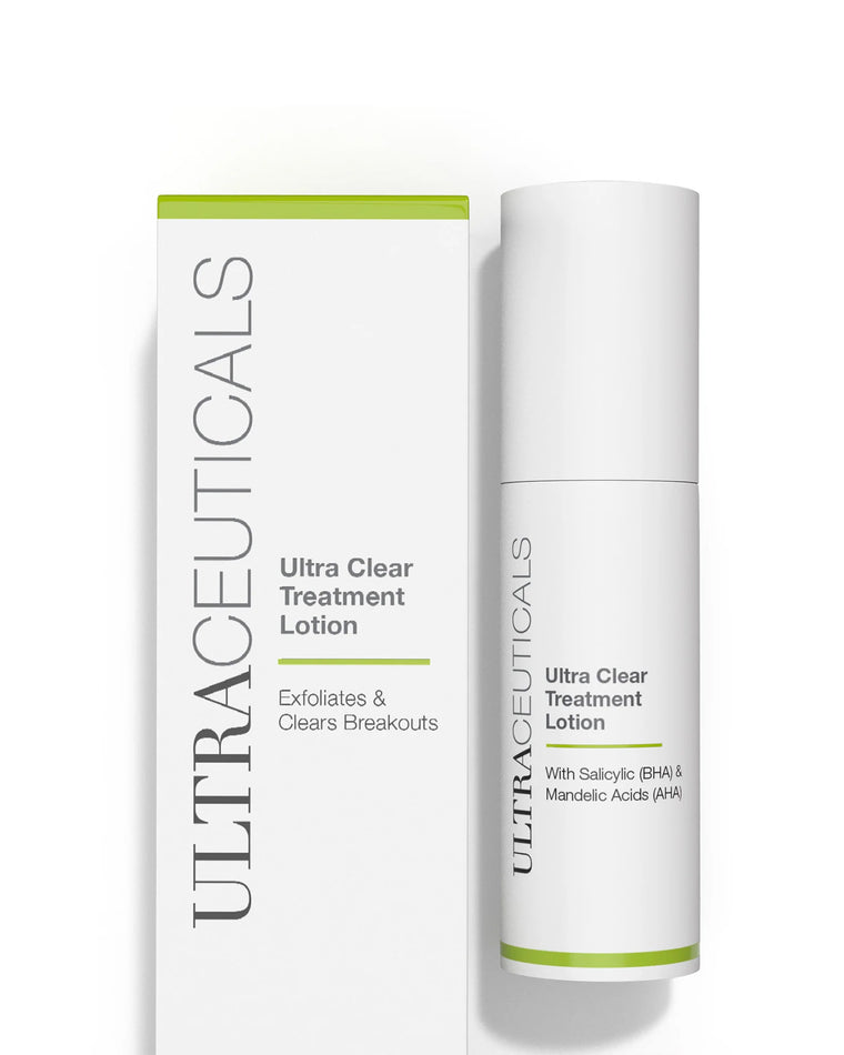 Ultra Clear Treatment Lotion comes in white packaging with green accents and black text. This lotion, formulated with BHA (salicylic acid) and AHA (mandelic acid), exfoliates skin and helps clear breakouts. Includes both bottle and box.