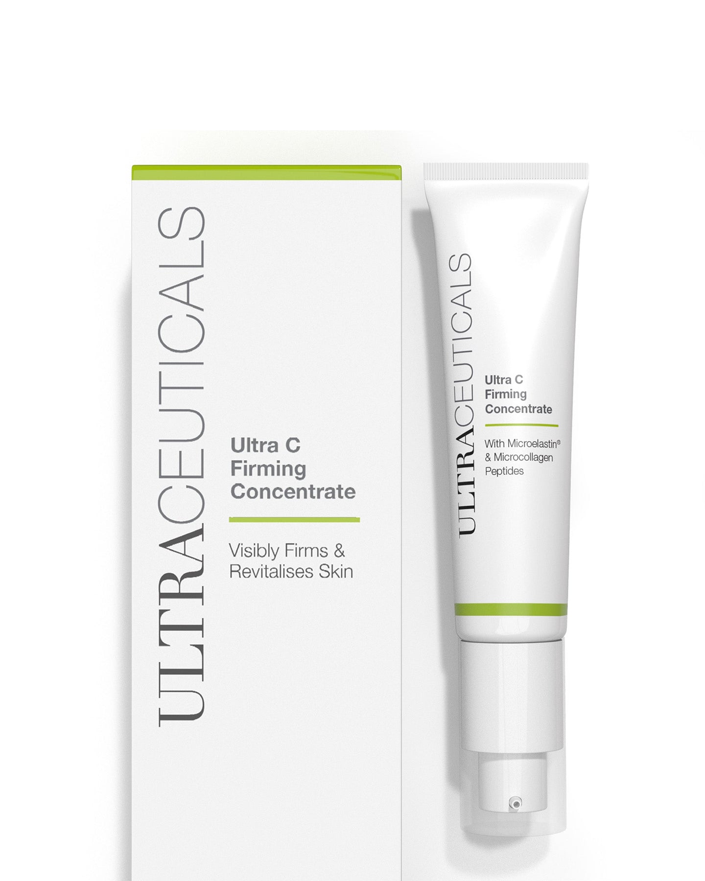 A white tube of Ultra C Firming Concentrate sits beside its box, both with green accents and text: "Visibly Firms & Revitalises Skin" and "With MicroElastin & MicroCollagen Peptides.