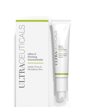 A white tube of Ultra C Firming Concentrate sits beside its box, both with green accents and text: "Visibly Firms & Revitalises Skin" and "With MicroElastin & MicroCollagen Peptides.