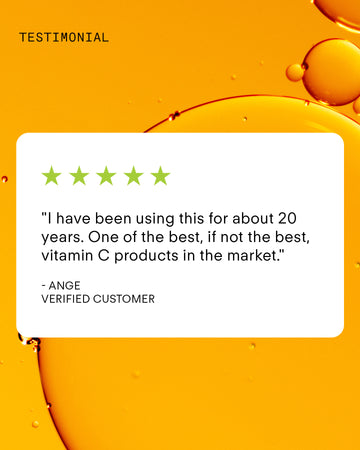 A customer testimonial on a white box over an orange liquid background features five green stars, praise for how Ultra C Firming Concentrate refined skin texture, and the name Ange, Verified Customer.