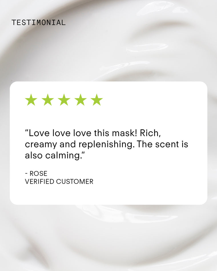 A five-star review says: “Love this energising mask! Rich, creamy and replenishing. The scent is calming.” – Rose, Verified Customer. Background features a swirl of Ultra Energising Mask’s creamy white formula.