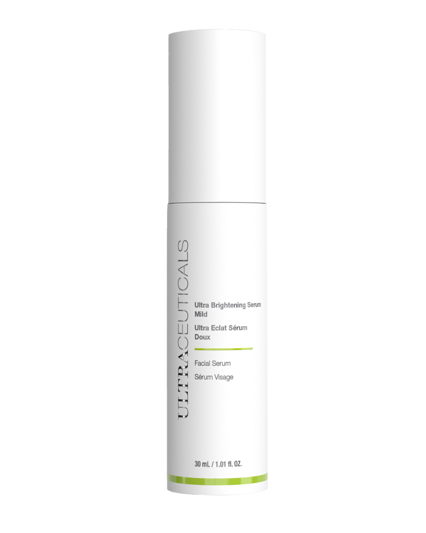A 30ml white cylindrical bottle of Ultra Brightening Serum Mild, featuring black and green text on white. This niacinamide serum is designed to brighten skin and promote an even-looking complexion.