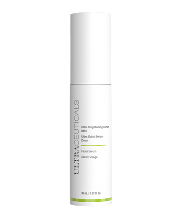 A 30ml white cylindrical bottle of Ultra Brightening Serum Mild, featuring black and green text on white. This niacinamide serum is designed to brighten skin and promote an even-looking complexion.