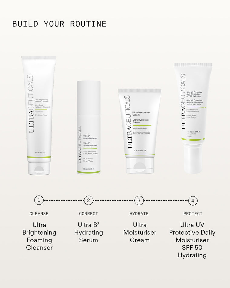 Image showing a skincare routine with four Ultraceuticals products: Ultra Brightening Foaming Cleanser, Ultra B² Hydrating Serum—a hydrating hyaluronic acid serum—Ultra Moisturiser Cream, and Ultra UV Protective Daily Moisturiser SPF 50, in order.