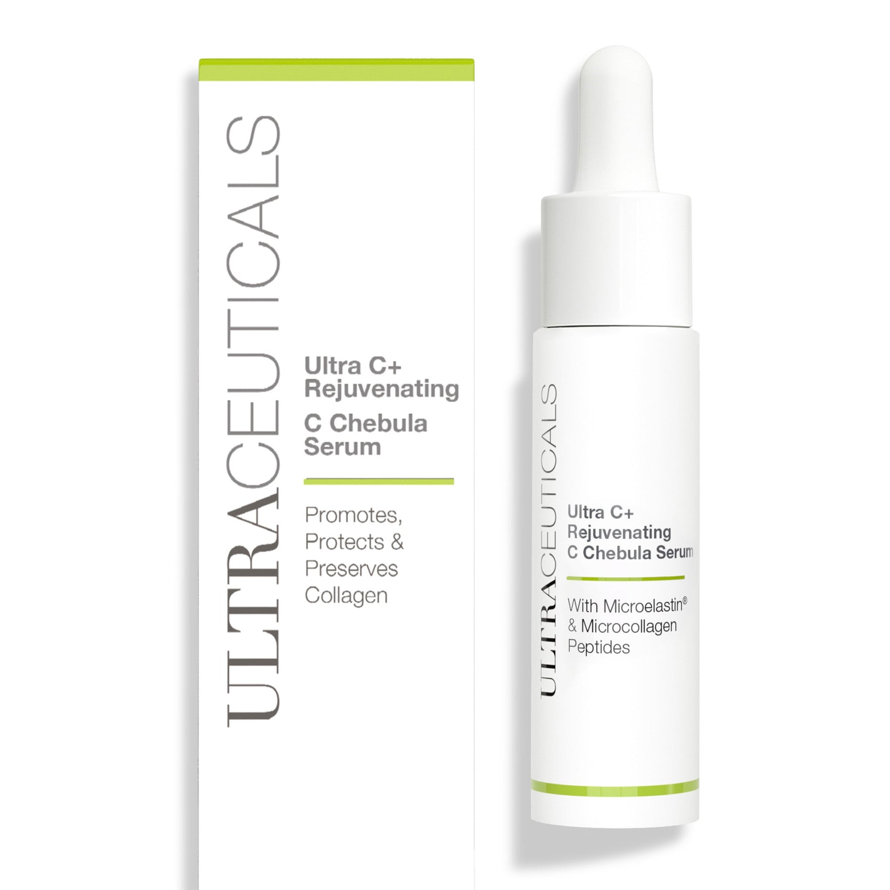 The Ultra C+ Rejuvenating C Chebula Serum is a white dropper bottle and box, an antioxidant-rich skincare formula that supports, shields, and maintains collagen for radiant skin.