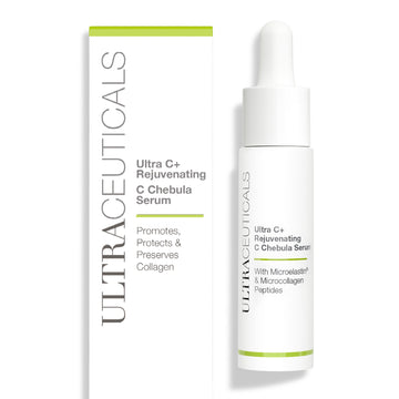 The Ultra C+ Rejuvenating C Chebula Serum is a white dropper bottle and box, an antioxidant-rich skincare formula that supports, shields, and maintains collagen for radiant skin.