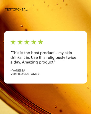 A customer testimonial card with green stars and a review from Vanessa, a verified customer, praising the antioxidant-rich Ultra C+ Rejuvenating C Chebula Serum, set against a golden-yellow abstract background.