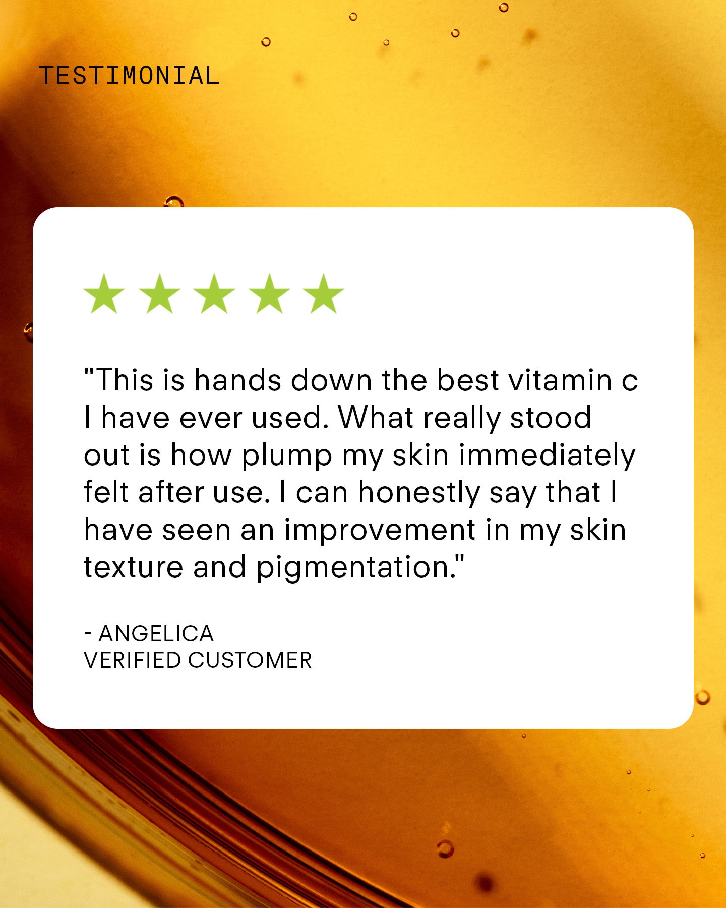 A five-star customer review praises Ultra C+ Rejuvenating C Chebula Serum for boosting skin plumpness, texture, and pigmentation. The background features a vibrant golden liquid, highlighting its antioxidant-rich formula.