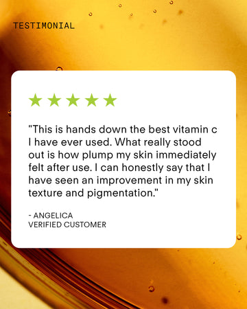 A five-star customer review praises Ultra C+ Rejuvenating C Chebula Serum for boosting skin plumpness, texture, and pigmentation. The background features a vibrant golden liquid, highlighting its antioxidant-rich formula.