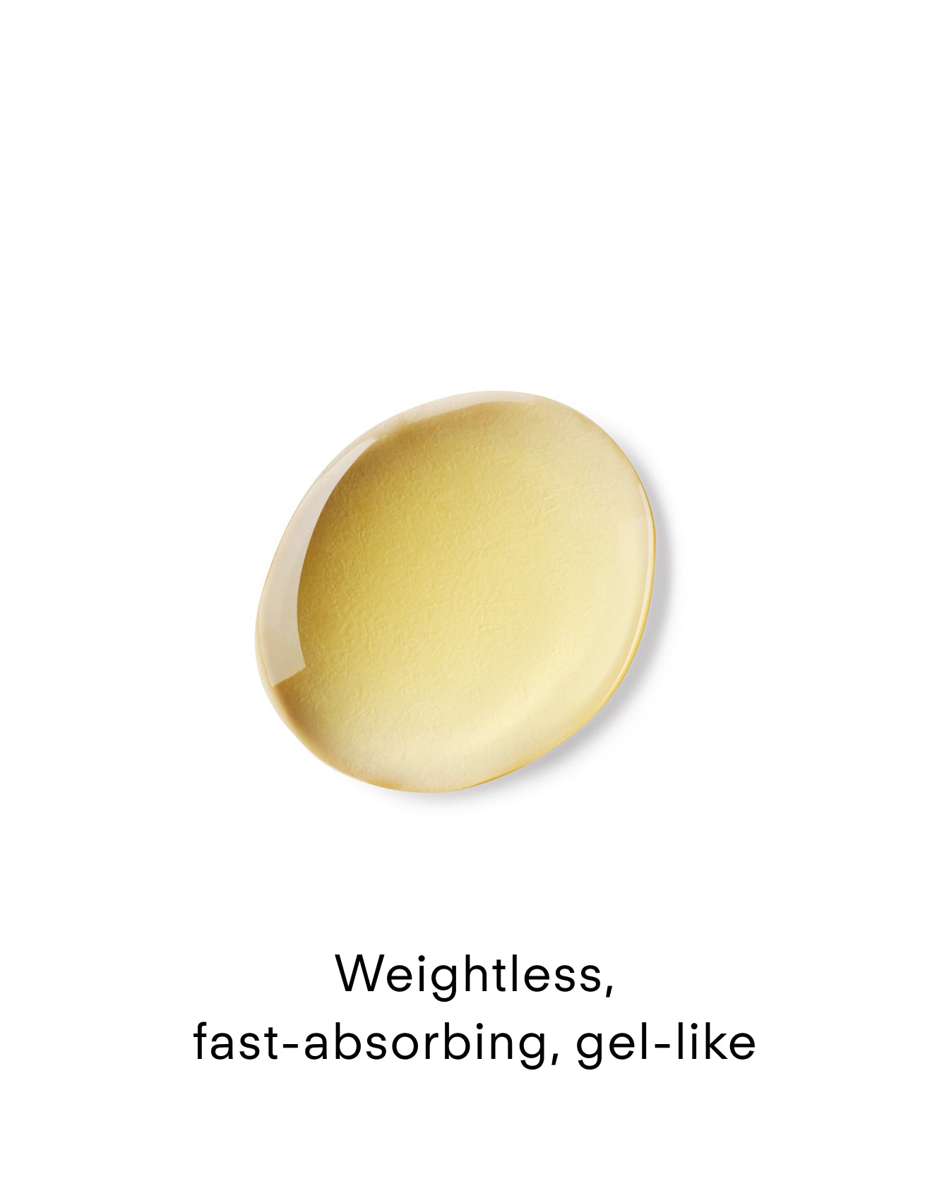 A translucent, yellow-tinted gel droplet of C+ Rejuvenating C Chebula Facial Serum Mini on a white background with the text: Weightless, fast-absorbing, gel-like.