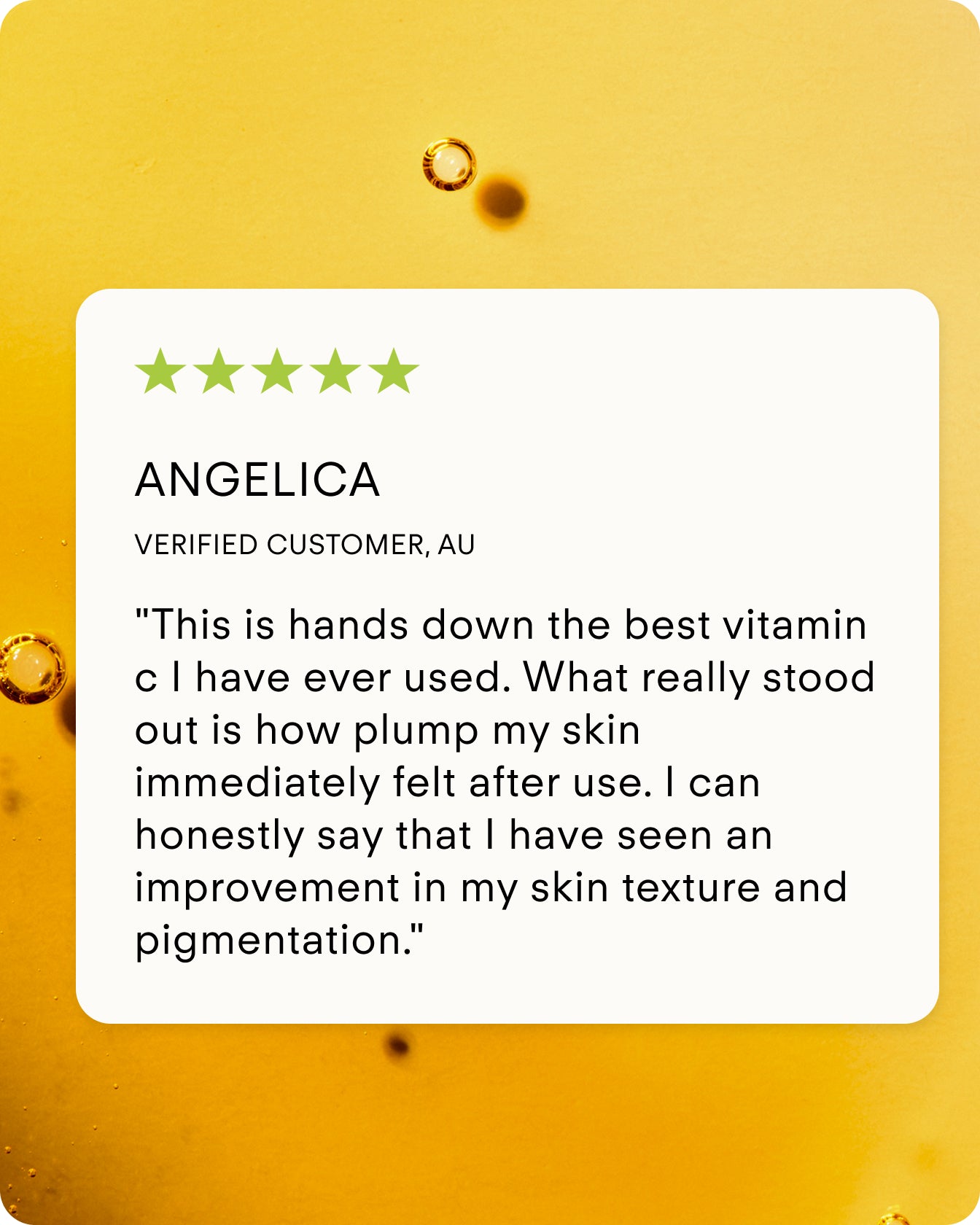 A five-star review praises the C+ Rejuvenating C Chebula Facial Serum Mini for enhancing skin plumpness, texture, and pigmentation, shown on a yellow background with small bubbles.