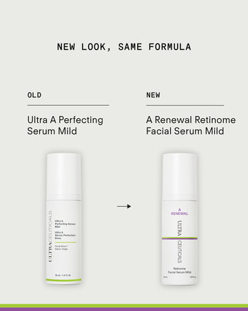 Comparison image with two skincare products: left bottle labeled Ultra A Perfecting Serum Mild (old), right bottle labeled A Renewal Retinome Facial Serum Mild Mini (new), with an arrow pointing from old to new.