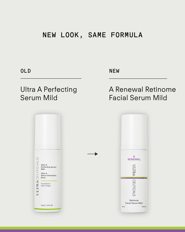 Comparison image with two skincare products: left bottle labeled Ultra A Perfecting Serum Mild (old), right bottle labeled A Renewal Retinome Facial Serum Mild Mini (new), with an arrow pointing from old to new.