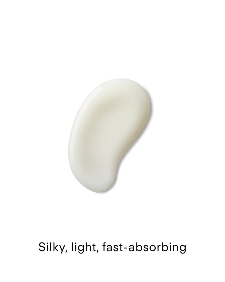A smooth, creamy white smear of A Renewal Retinome Facial Serum Mild Mini on a white background, with the text below reading: Silky, light, fast-absorbing.