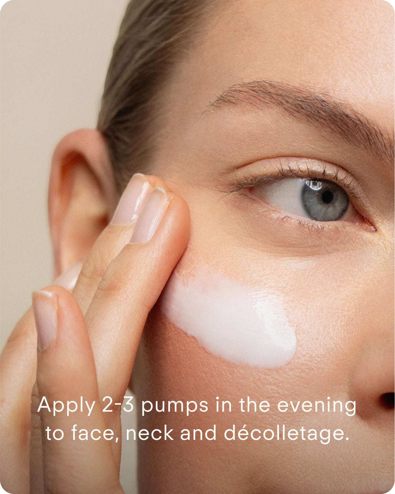 A person applies A Renewal Retinome Facial Serum to their cheek with their fingers. Text reads: Apply 2-3 pumps in the evening to face, neck, and décolletage.