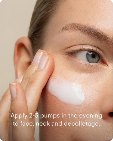 A person applies A Renewal Retinome Facial Serum to their cheek with their fingers. Text reads: Apply 2-3 pumps in the evening to face, neck, and décolletage.
