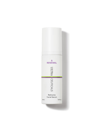 A white bottle of A Renewal Retinome Facial Serum with purple and green stripes stands upright on a white background, casting a faint shadow.