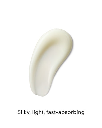 A smooth, creamy, off-white swatch of A Renewal Retinome Facial Serum on a white background with the text: Silky, light, fast-absorbing.