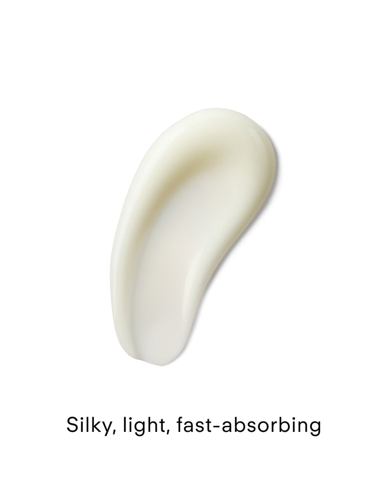 A smooth, creamy, off-white swatch of A Renewal Retinome Facial Serum on a white background with the text: Silky, light, fast-absorbing.