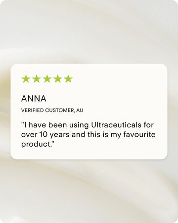 A five-star customer review from Anna shares that she has used A Renewal Retinome Facial Serum for over 10 years and it remains her favorite. The review is shown on a light, creamy background.