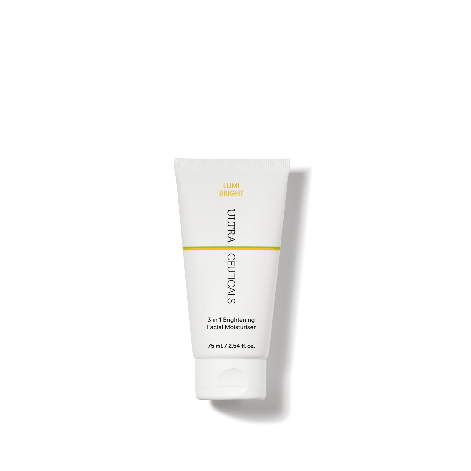 An upright white tube of Lumi Bright 3 in 1 Brightening Facial Moisturiser, 75 mL, is displayed against a plain white background.