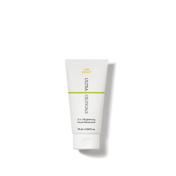 An upright white tube of Lumi Bright 3 in 1 Brightening Facial Moisturiser, 75 mL, is displayed against a plain white background.