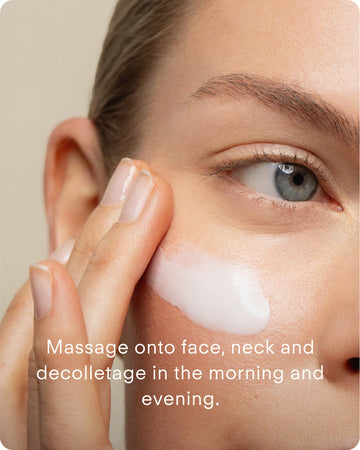 A person applies Lumi Bright 3 in 1 Brightening Facial Moisturiser to their cheek with fingertips; text reads: Massage onto face, neck, and decolletage morning and evening.