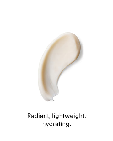 A smooth, creamy beige swatch of Lumi Bright 3 in 1 Brightening Facial Moisturiser on a white background, with the text: Radiant, lightweight, hydrating.