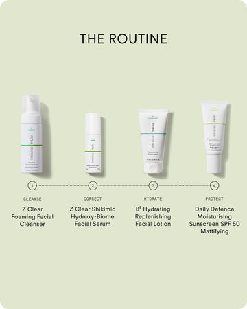 The Z Clear Shikimic Hydroxy-Biome Facial Serum is showcased under the heading The Routine on a light green background.