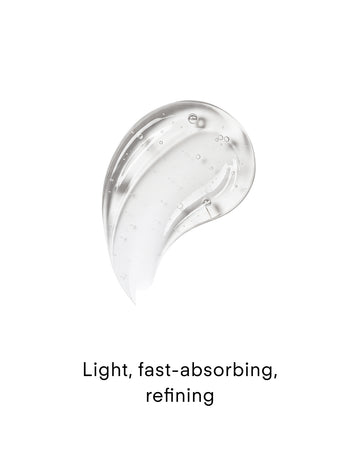 A clear, gel-like swatch of Z Clear Shikimic Hydroxy-Biome Facial Serum on a white background with the text: Light, fast-absorbing, refining below it.