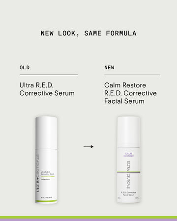 Comparison of two skincare bottles: Ultra R.E.D Corrective Serum on the left, and Calm Restore R.E.D. Corrective Facial Serum for sensitive skin—a redness reducer to soothe stressed skin—on the right, with an arrow between them.