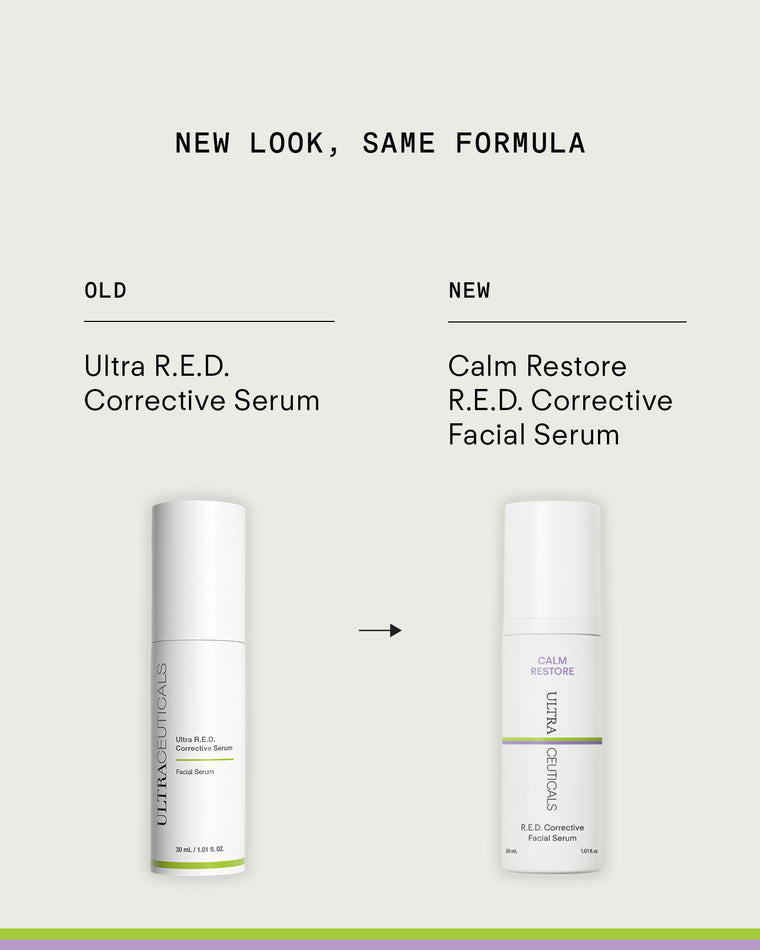 Comparison of two skincare bottles: Ultra R.E.D Corrective Serum on the left, and Calm Restore R.E.D. Corrective Facial Serum for sensitive skin—a redness reducer to soothe stressed skin—on the right, with an arrow between them.