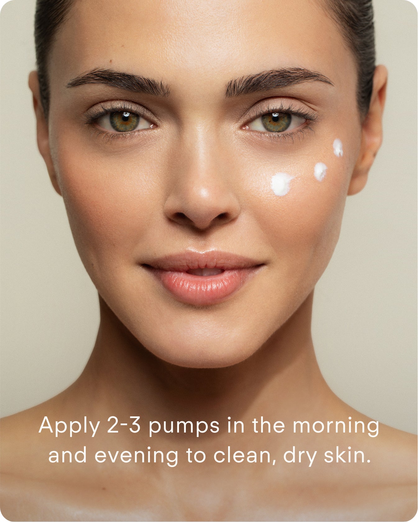 A woman with flawless skin smiles, showing three white dots of cream on her cheek. Text reads: Apply 2–3 pumps of Ultra R.E.D Corrective Serum to clean, dry skin morning and evening for sensitive skin care.
