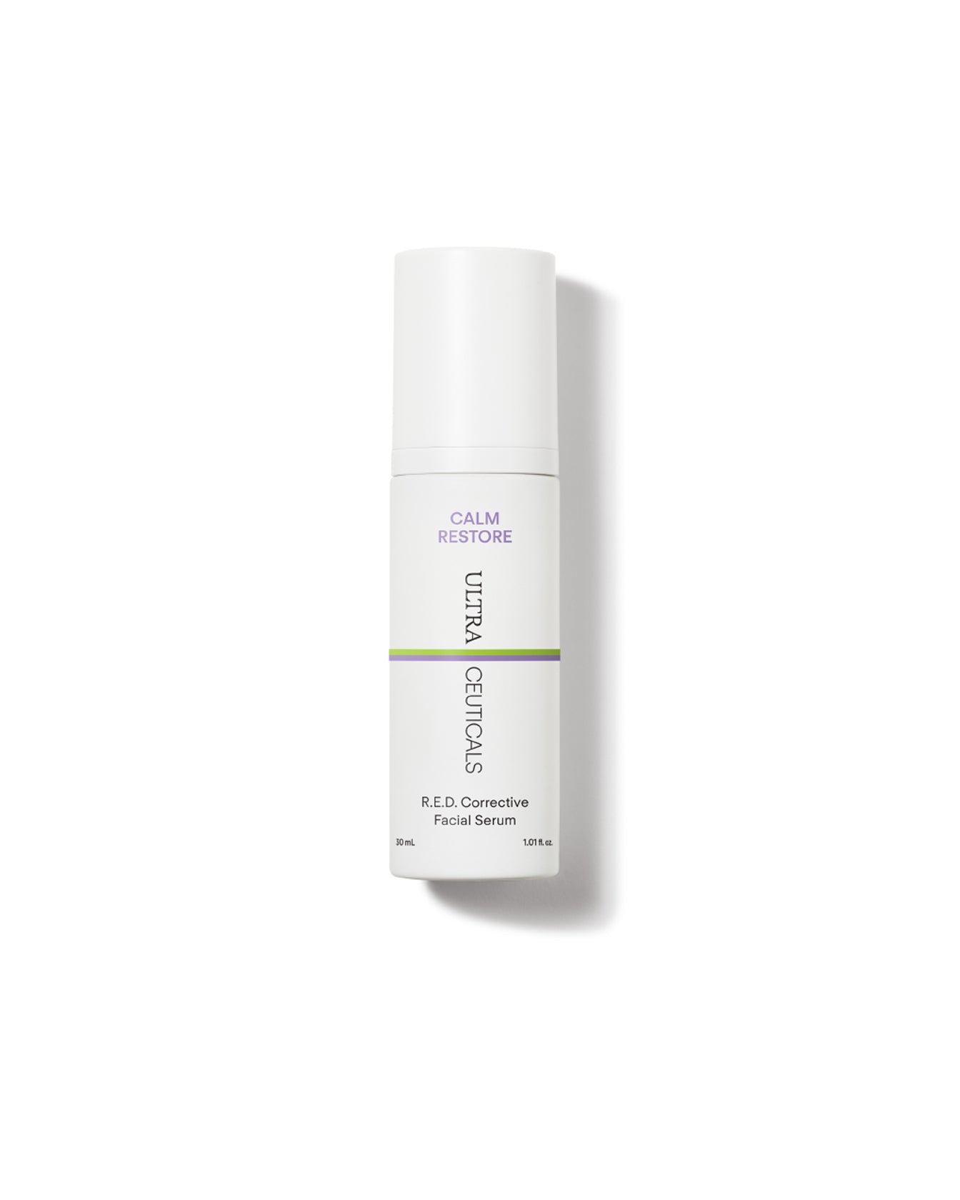 A white bottle of Ultra R.E.D Corrective Serum for sensitive skin, with a pump dispenser and purple and green label text, stands upright against a white background.