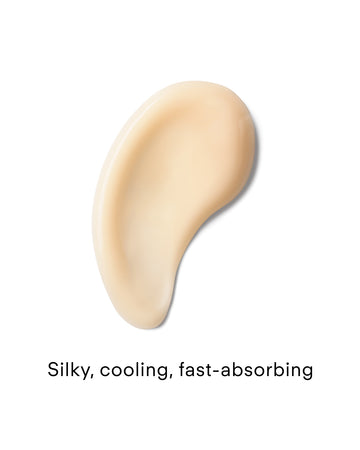 A smooth, beige cream smear on white with the text: Ultra R.E.D Corrective Serum—silky, fast-absorbing formula that cools and soothes stressed, sensitive skin while reducing redness.
