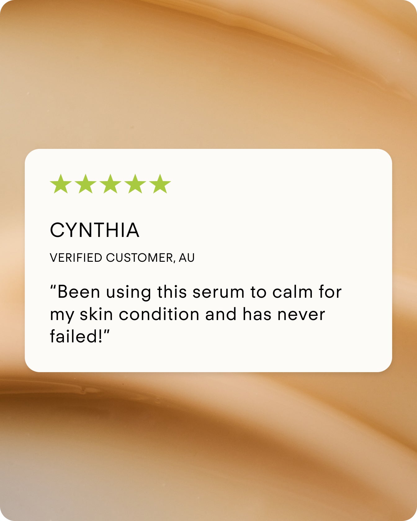 A five-star review from Cynthia, a verified customer in Australia, says: “Been using Ultra R.E.D Corrective Serum to calm my skin condition and it has never failed!” The background shows soft, beige abstract swirls.