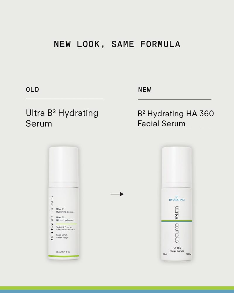 A comparison of product packaging: Ultra B² Hydrating Serum (old design, left) and B2 Hydrating HA 360 Facial Serum (new hyaluronic acid formula, right); both for sensitive skin in similar white bottles with refreshed text.