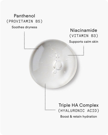 B² Hydrating HA 360 Facial Serum Mini: Clear gel with Panthenol (Provitamin B5) for dryness relief, Niacinamide (Vitamin B3) to calm skin, and Triple HA Complex (Hyaluronic Acid) for hydration boost and retention.