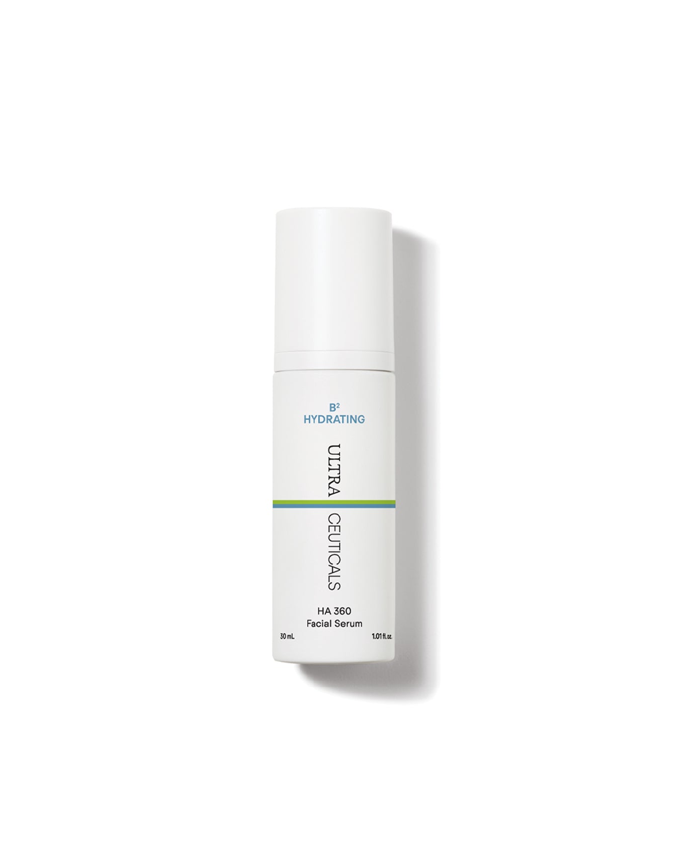 A white bottle of Ultra B² Hydrating Serum with a green stripe and blue text, containing hyaluronic acid and niacinamide for sensitive skin, is shown upright on a white background with a shadow to the right.