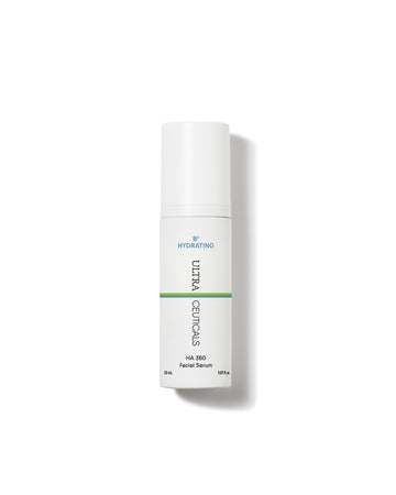 A white bottle of Ultra B² Hydrating Serum with a green stripe and blue text, containing hyaluronic acid and niacinamide for sensitive skin, is shown upright on a white background with a shadow to the right.