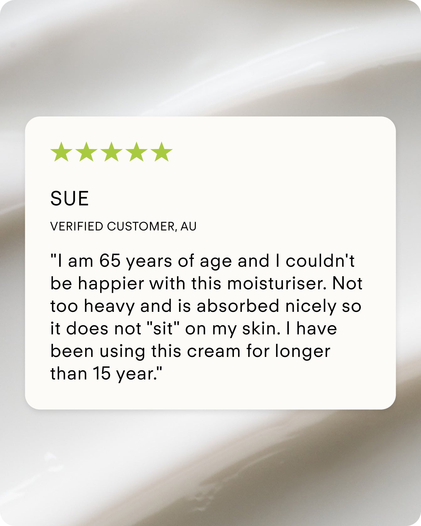 Sue, 65, gave B² Hydrating HA 360 Facial Serum Mini a 5-star review, praising its lightness and fast absorption. She’s used it for over 15 years and is very satisfied. The review appears on a soft, neutral background.
