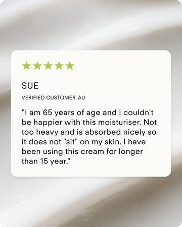 Sue, 65, gave B² Hydrating HA 360 Facial Serum Mini a 5-star review, praising its lightness and fast absorption. She’s used it for over 15 years and is very satisfied. The review appears on a soft, neutral background.