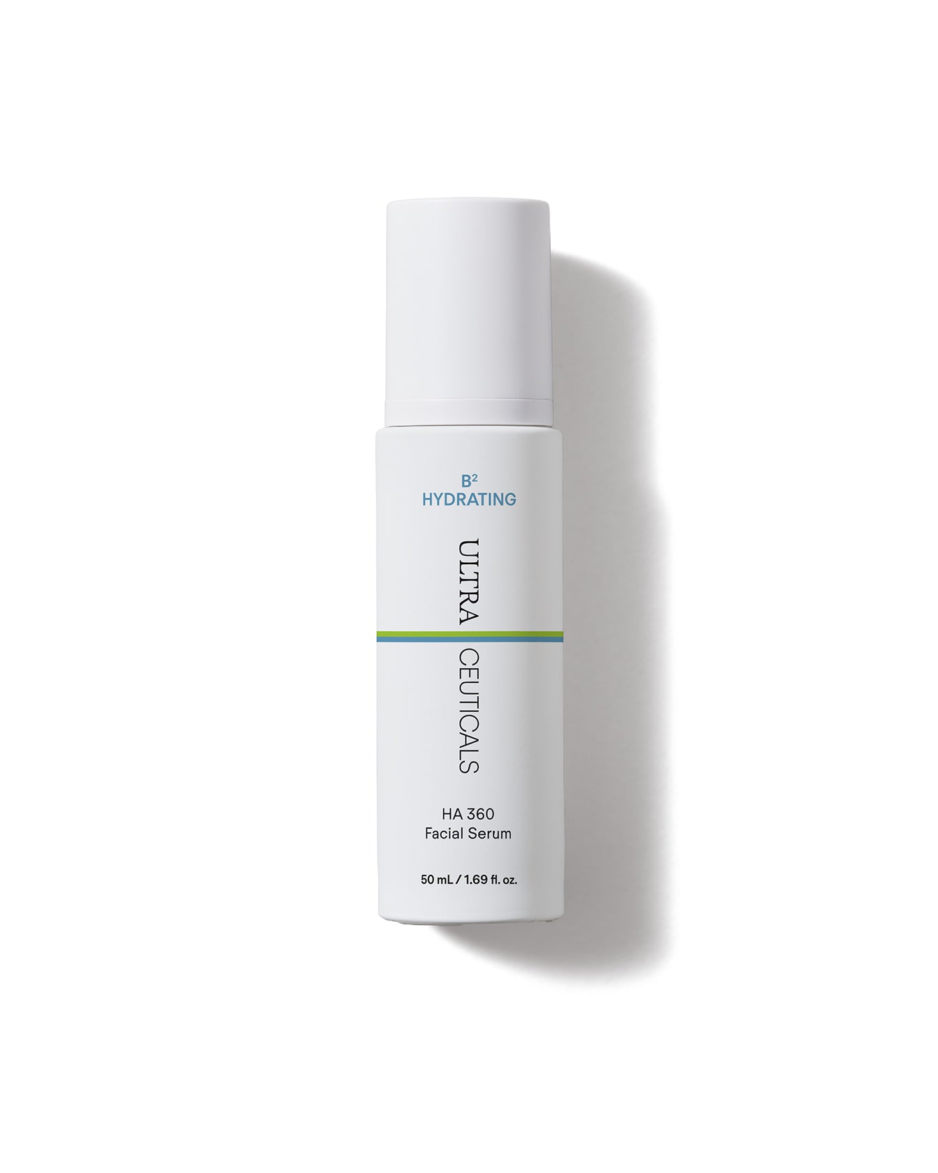 An upright white bottle of B² Hydrating HA 360 Facial Serum Supersize with a green stripe on a white background casts a soft shadow. The label says “Hydrating” and the bottle size is 50 mL (1.69 fl. oz.).