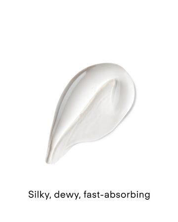 A white, creamy swatch of B² Hydrating HA 360 Facial Serum Supersize with a smooth, glossy texture on a white background. Text below reads: Silky, dewy, fast-absorbing.