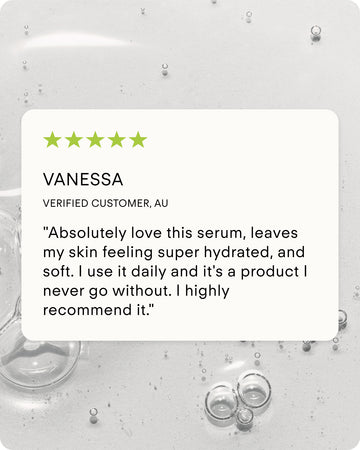 Vanessa from Australia gives B² Hydrating HA 360 Facial Serum Supersize five green stars, saying she uses it daily for soft, hydrated skin and highly recommends it. The background shows clear liquid and bubbles.