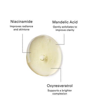 A clear drop of Ultra Brightening Serum Mild showcases key ingredients: Niacinamide (boosts radiance and evens skintone), Mandelic Acid (gently exfoliates for brighter skin), and Oxyresveratrol (enhances complexion brightness).