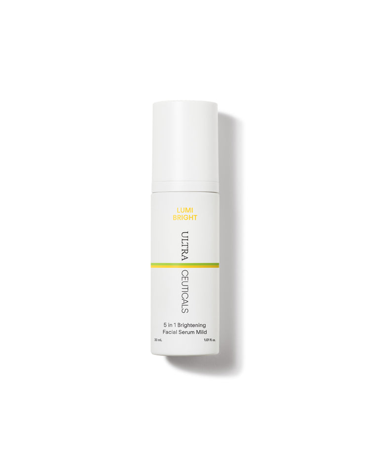 A white bottle of Ultra Brightening Serum Mild, containing niacinamide and mandelic acid for advanced skin brightening, stands upright on a plain white background with a soft shadow.