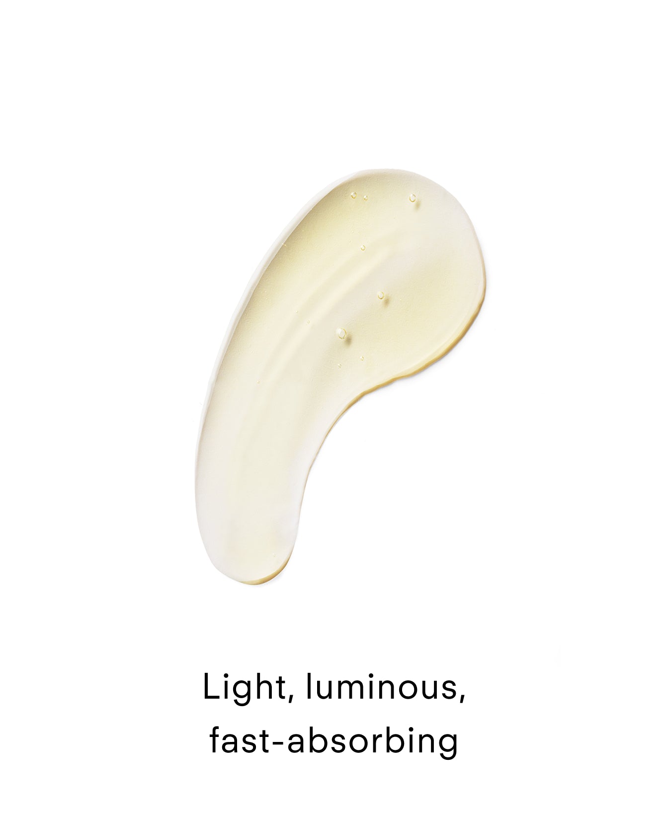 A creamy, translucent smear of Ultra Brightening Serum Mild with skin-brightening niacinamide on a white background, text below reading: Light, luminous, fast-absorbing.